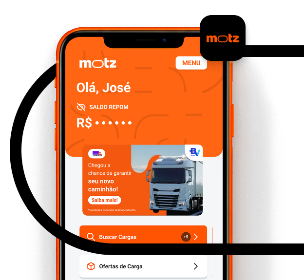 Tela do aplicativo Motz para caminhoneiros