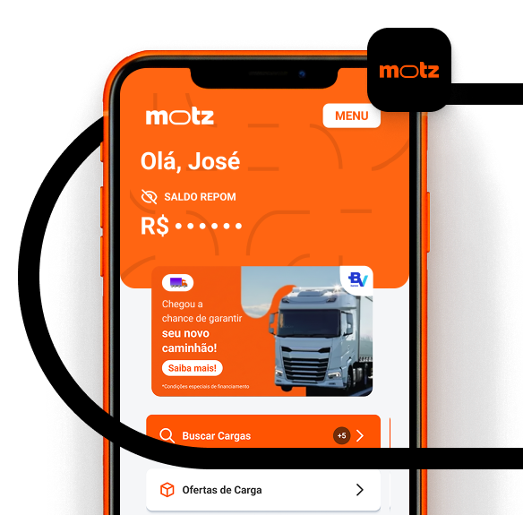 Tela do aplicativo Motz para caminhoneiros